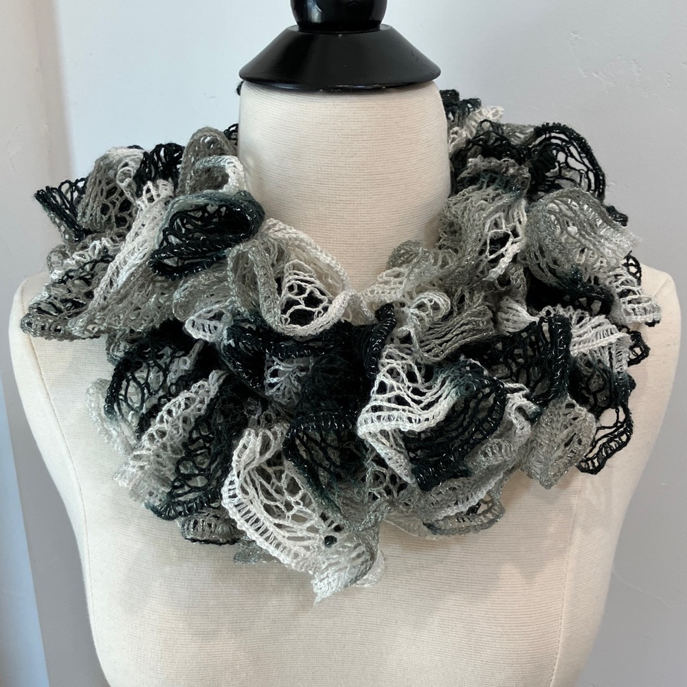 3/$18 New Elegant hand knitted Multi colored Ruffled Scarf silver crochet